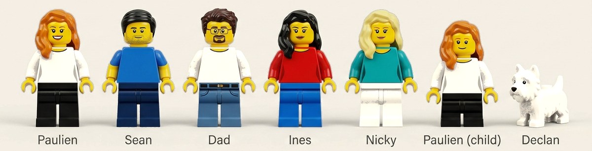 De Lego-cast: Paulien, Sean, papa, Ines, Nicky, kleine Paulien en Declan